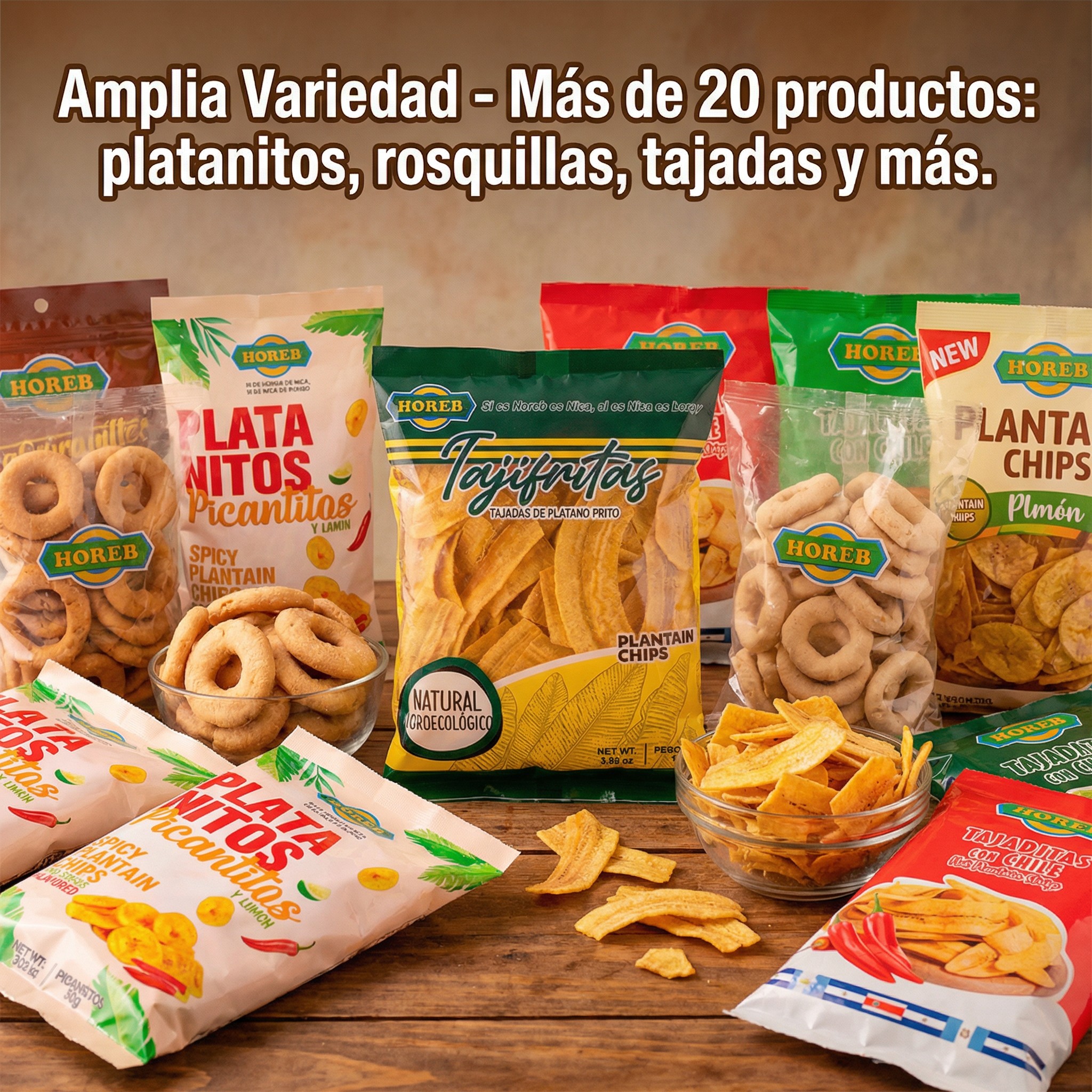 Amplia Variedad - Más de 20 productos: platanitos, rosquillas, tajadas y más